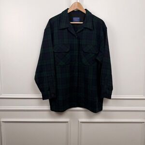 Pendleton Board Shirt Blue Green Black Watch Plaid Wool Flannel Button Up